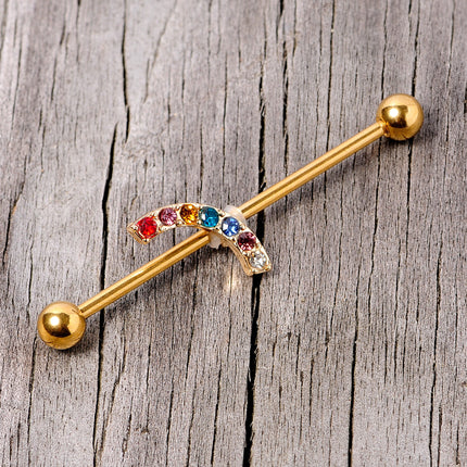 14G Red Blue Gem Gold Tone Rainbow Arc Industrial Barbell 38mm