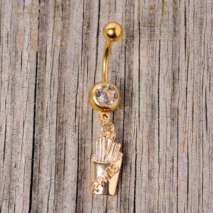 Clear Gem Gold Tone Fast Food French Fries Dangle Belly Ring