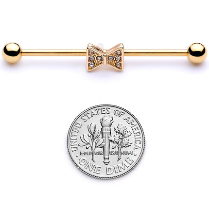 14G Clear Gem Gold Tone Bow Tie Industrial Barbell 38mm