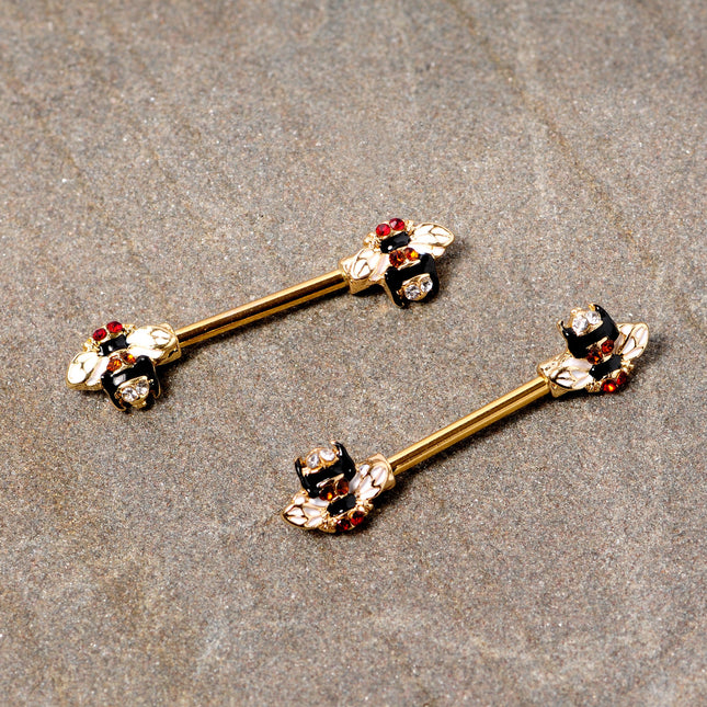 14G 9/16 Clear Yellow Gem Gold Tone Bee Barbell Nipple Ring Set