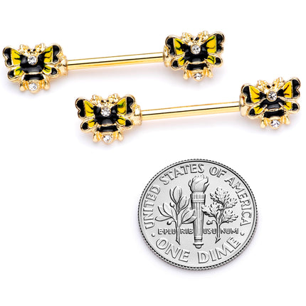 14G 9/16 Clear Gem Gold Tone Butterfly Barbell Nipple Ring Set