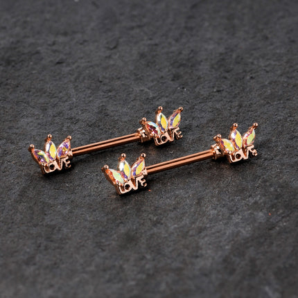 14G 9/16 Aurora Gem Rose Gold Tone Love Crown Barbell Nipple Ring Set