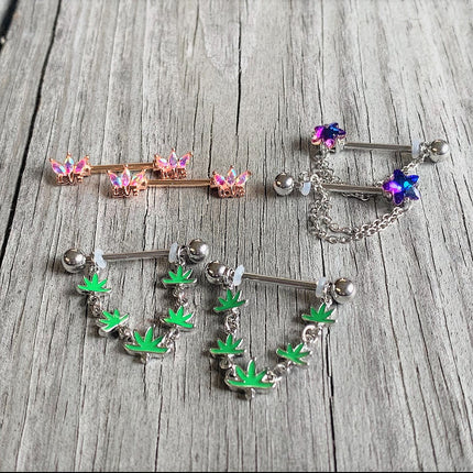 14G 5/8 Blue Purple Gem Star Chain Dangle Barbell Nipple Ring Set