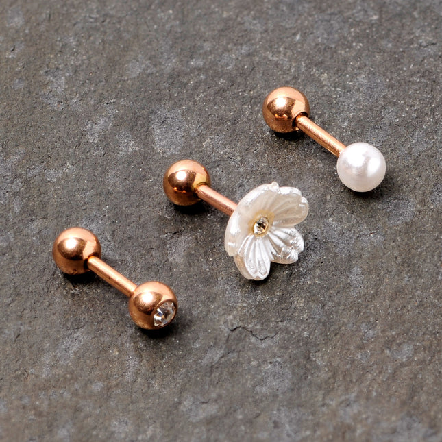16G 1/4 Clear Gem Rose Gold Tone Flower Cartilage Tragus Curation Set of 3