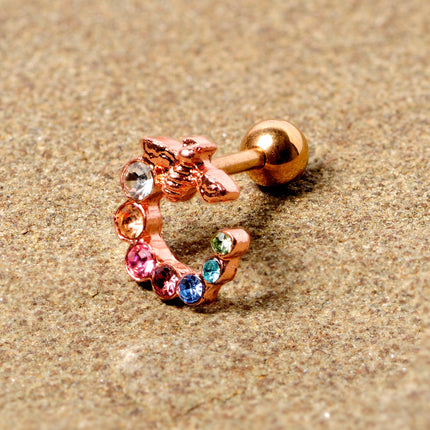 16G 1/4 Multicolor Gem Rose Gold Tone Bee Cartilage Tragus Earring