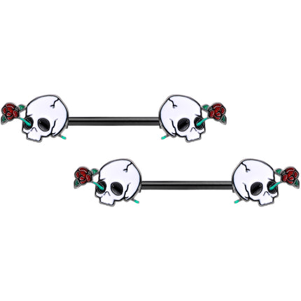 14G 9/16 Black PVD Rose Scary Skull Halloween Nipple Ring Set