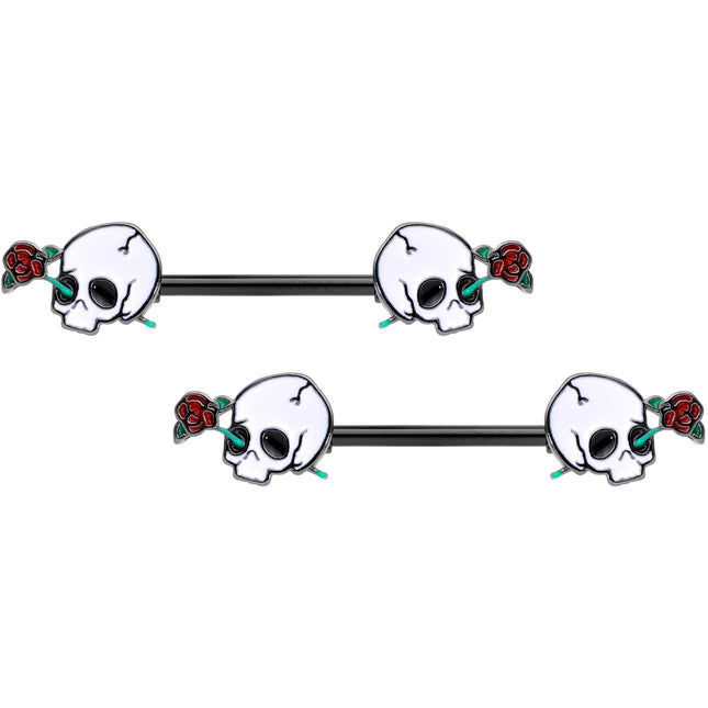 14G 9/16 Black PVD Rose Scary Skull Halloween Nipple Ring Set