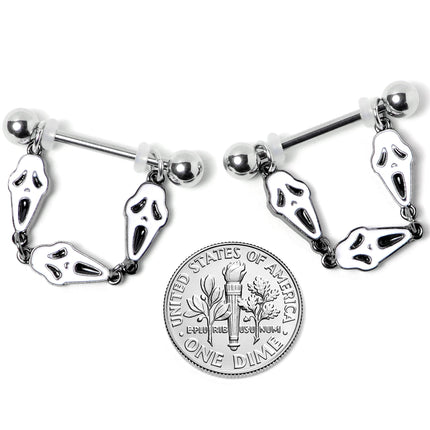 14G 9/16 Scary Screaming Ghost Halloween Dangle Nipple Ring Set