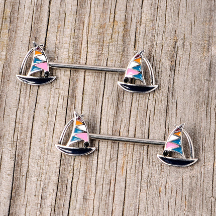 14G 9/16 Black Gem Teal Nautical Sailboat Barbell Nipple Ring Set