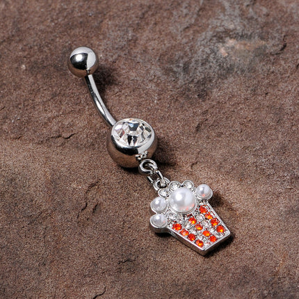 Clear Red Gem White Orb Movie Night Popcorn Dangle Belly Ring