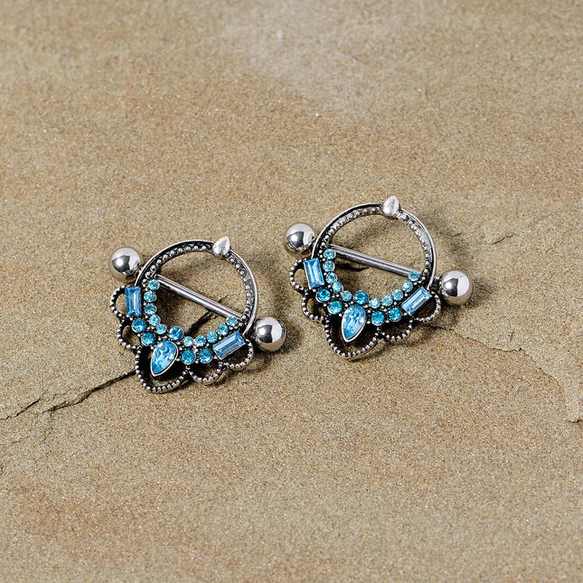 14G 5/8 Aqua Gem Filigree Nipple Shield Set