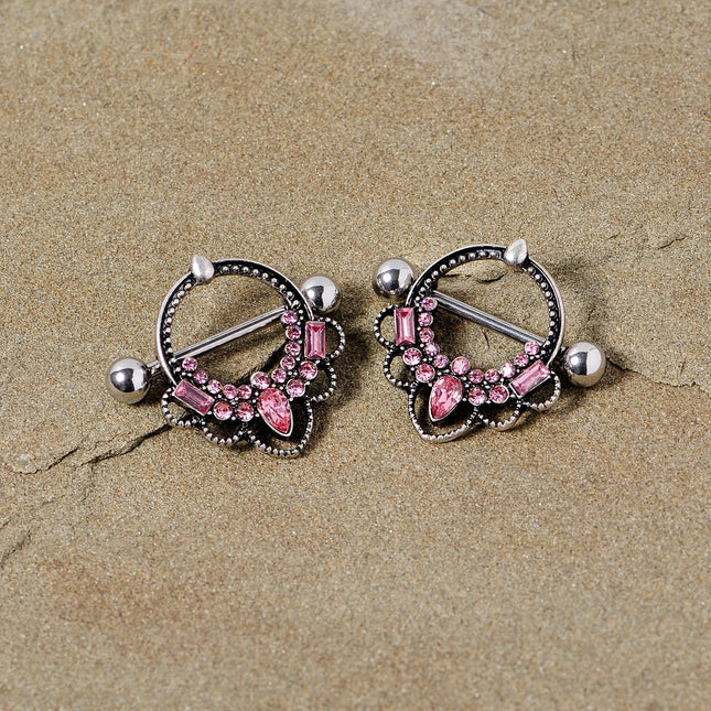 14G 5/8 Pink Gem Filigree Nipple Shield Set