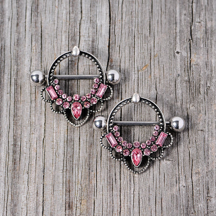 14G 5/8 Pink Gem Filigree Nipple Shield Set