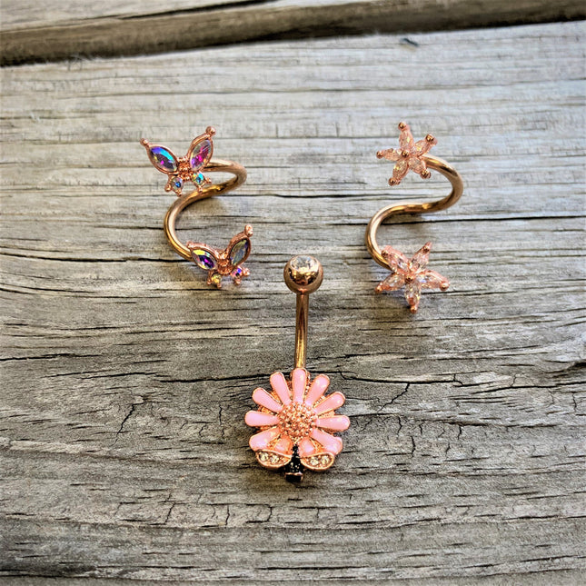 14G Clear Gem Rose Gold Hue Star Flower Spiral Twister Belly Ring