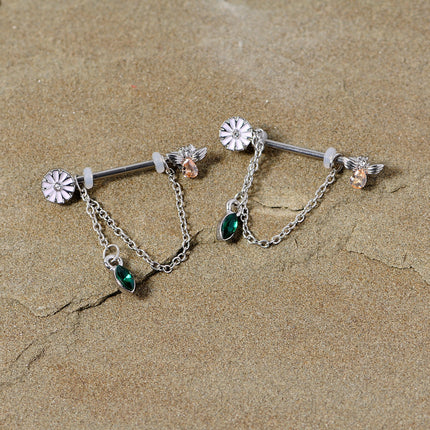 14G 5/8 Green Yellow Gem Flower Bee Dangle Nipple Ring Set