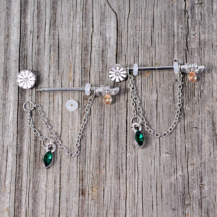 14G 5/8 Green Yellow Gem Flower Bee Dangle Nipple Ring Set