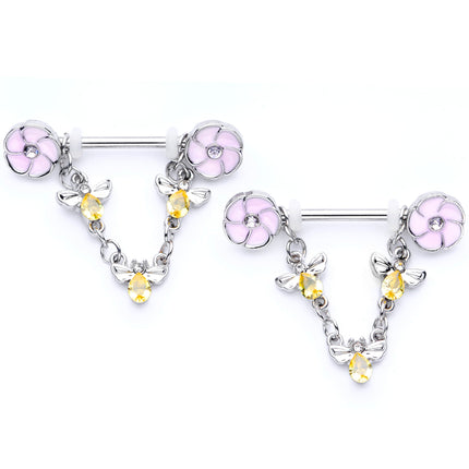14G 5/8 Yellow Clear Gem Bee Flower Dangle Nipple Ring Set