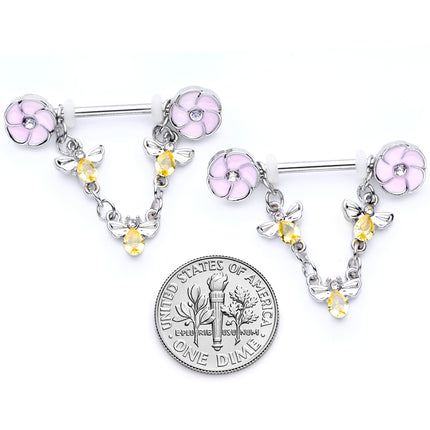 14G 5/8 Yellow Clear Gem Bee Flower Dangle Nipple Ring Set