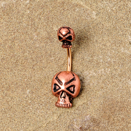 Rose Gold Tone Scary Double Skull Halloween Double Mount Belly Ring