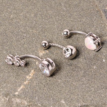 Clear Gem White Faux Opal Twisted Belly Ring Set of 3