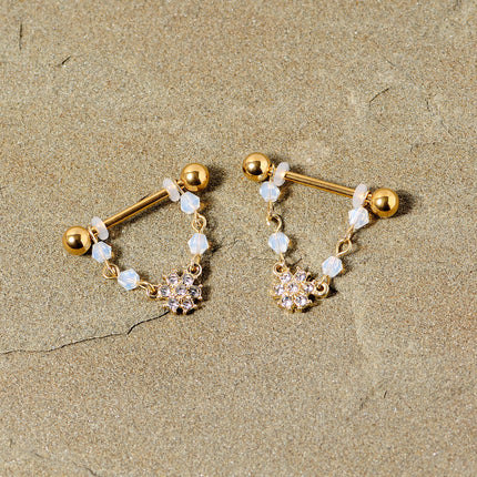 14G 5/8 Clear Gem Gold Tone Dainty Flower Dangle Nipple Ring Set