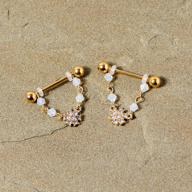 14G 5/8 Clear Gem Gold Tone Dainty Flower Dangle Nipple Ring Set