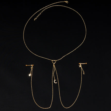 14G 5/8 Clear Gem Gold Tone Heart Star Nipple Chain Necklace