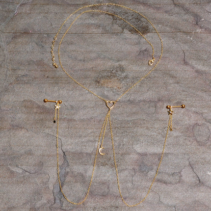 14G 5/8 Clear Gem Gold Tone Heart Star Nipple Chain Necklace