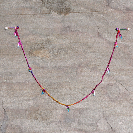14G 5/8 Clear Gem Rainbow Autumn Leaves Dangle Nipple Chain