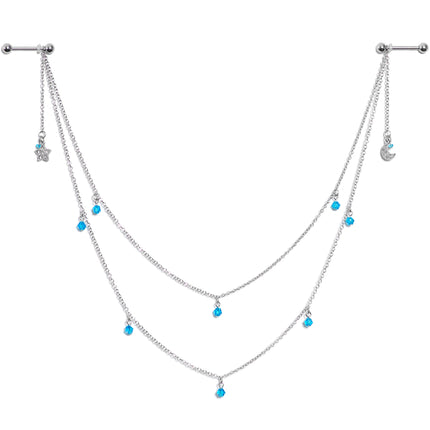 14G 5/8 Blue Gem Moon Star Double Dangle Nipple Chain
