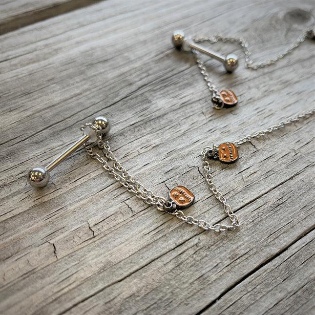 14G 5/8 Orange Pumpkin Patch Halloween Dangle Nipple Chain
