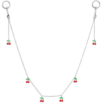 14G 9/16 Clear Gem Red Cherry Captive Ring Dangle Nipple Chain