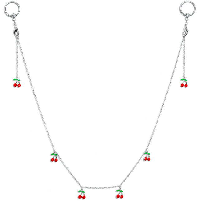14G 9/16 Clear Gem Red Cherry Captive Ring Dangle Nipple Chain