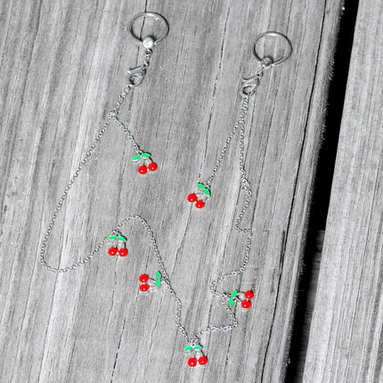 14G 9/16 Clear Gem Red Cherry Captive Ring Dangle Nipple Chain