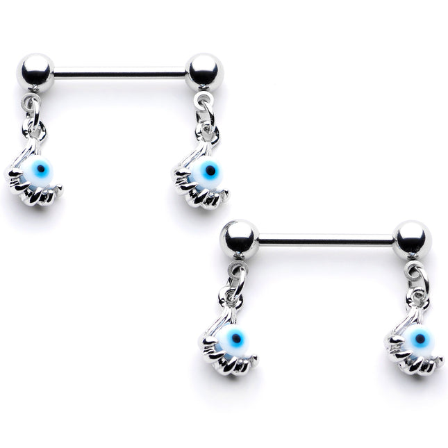14G 5/8 Blue Eyeball Hand Halloween Dangle Nipple Ring Set