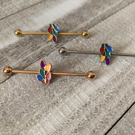 14G Gold Tone Christmas Lights Industrial Barbell 38mm