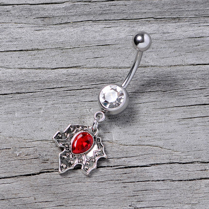 Clear Red Gem Holiday Holly Leaf Christmas Dangle Belly Ring