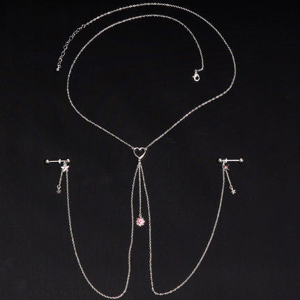 14G 5/8 Pink Gem Sun Heart Star Nipple Chain Necklace