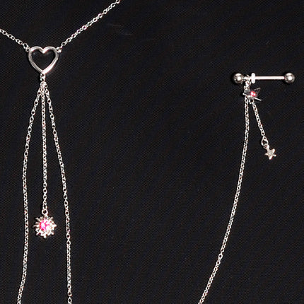 14G 5/8 Pink Gem Sun Heart Star Nipple Chain Necklace