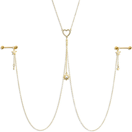 14G 5/8 Clear Gem Gold Tone Sun Heart Star Nipple Chain Necklace