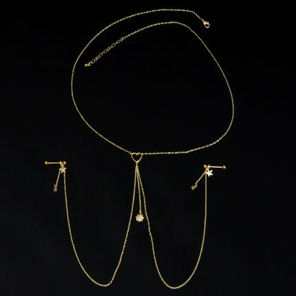 14G 5/8 Clear Gem Gold Tone Sun Heart Star Nipple Chain Necklace