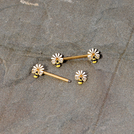 14G 9/16 Clear Gem Gold Tone Flower Bee Barbell Nipple Ring Set