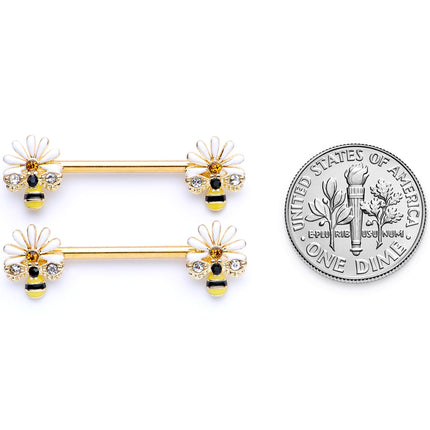 14G 9/16 Clear Gem Gold Tone Flower Bee Barbell Nipple Ring Set