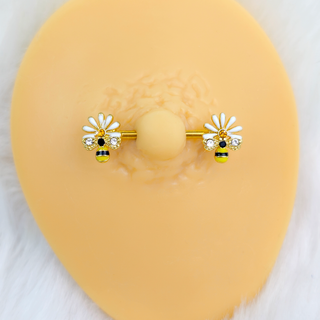 14G 9/16 Clear Gem Gold Tone Flower Bee Barbell Nipple Ring Set