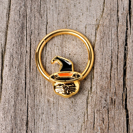 16G 3/8 Gold Tone Witch Hat Cat Halloween Hinged Segment Ring