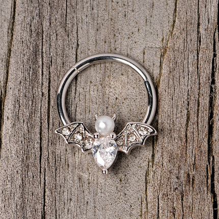 16G 3/8 Clear Gem Vampire Bat Halloween Hinged Segment Ring