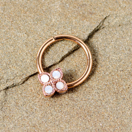 16G 3/8 White Faux Opal Rose Gold Tone Regal Hinged Segment Ring