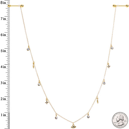 14G 9/16 Clear Gem Gold Tone Eye Star Feather Dangle Nipple Chain