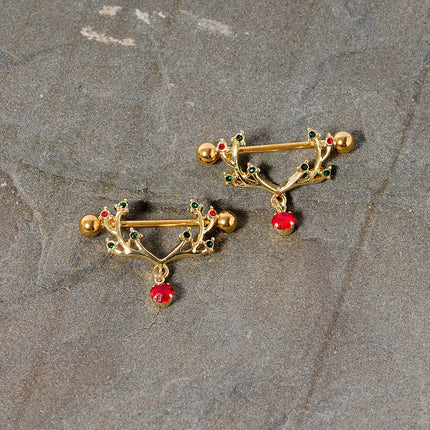 14G 25mm Red Green Gem Reindeer Antler Holiday Nipple Shield Set