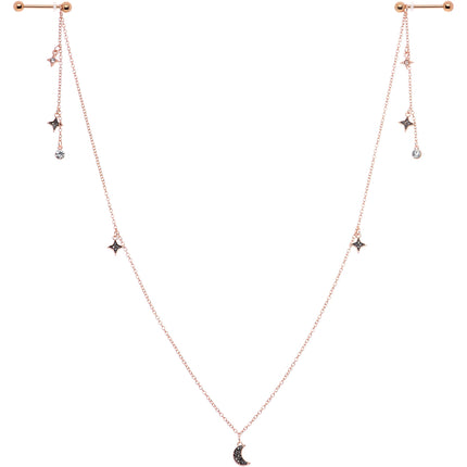 14G 9/16 Black Gem Rose Gold Tone Moon Dangle Nipple Chain
